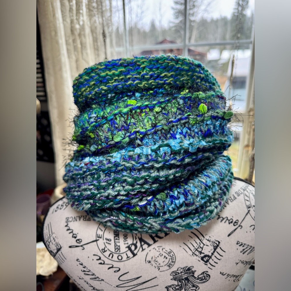 Premium Wool Infinity Scarf —Witchy Ocean Blues•4-Strand Hand Knit•One-of-a-Kind - Picture 3 of 17